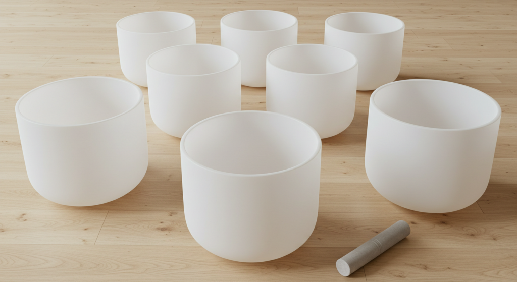 a set of crystal singing bowls on a wooden floor